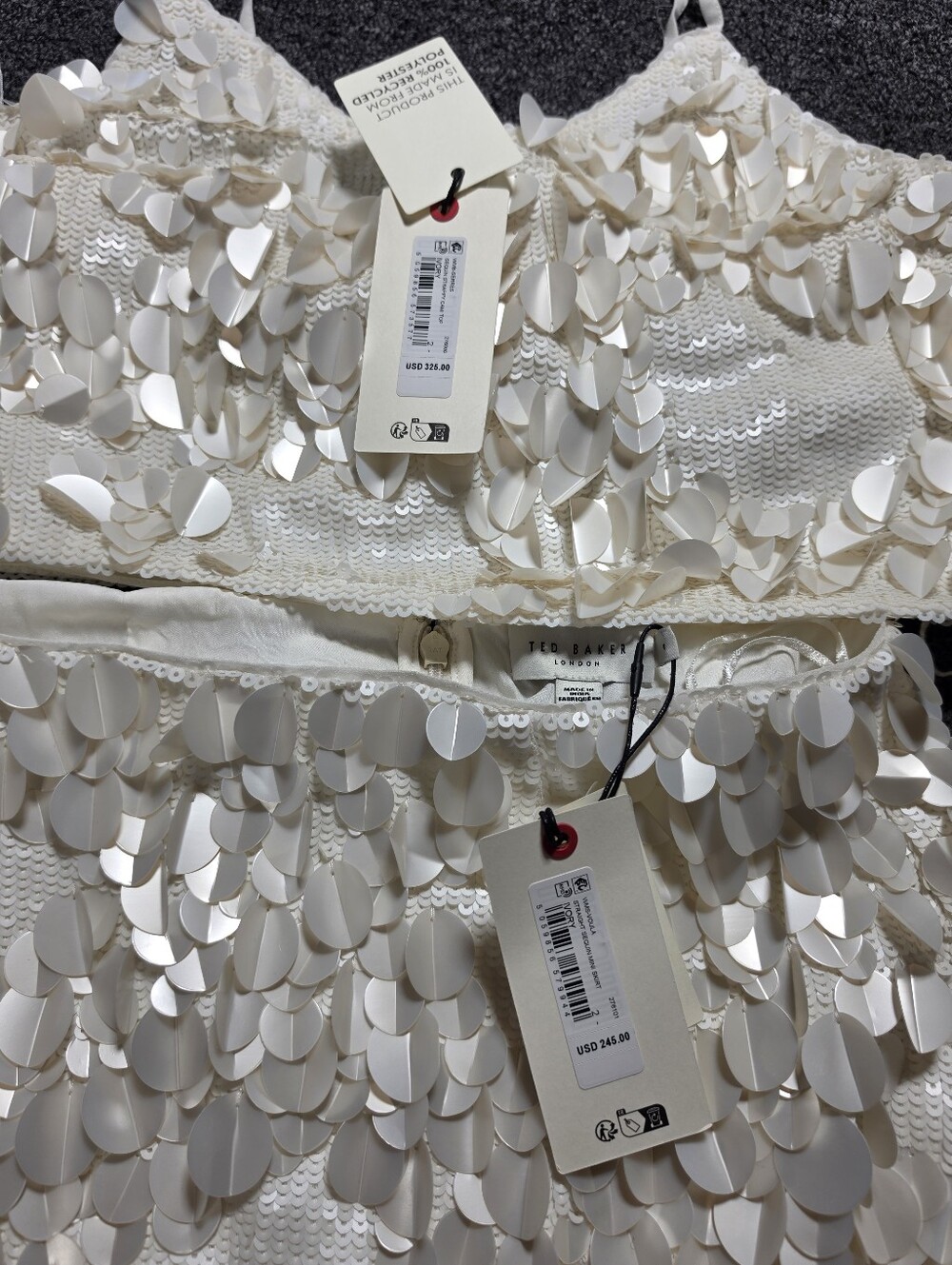 Ted Baker London Ivory Sequin 2 Piece Set Crop Top Mini Skirt NWT Size 2 - Picture 16 of 16